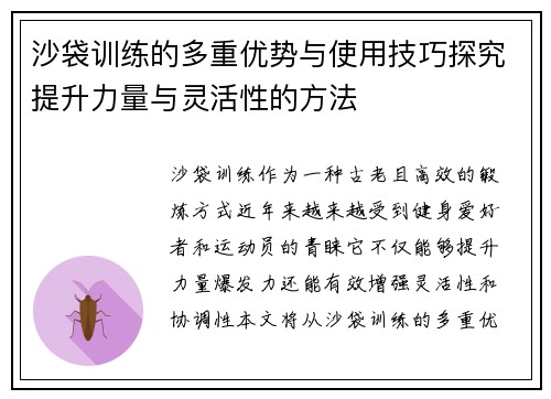 沙袋训练的多重优势与使用技巧探究提升力量与灵活性的方法